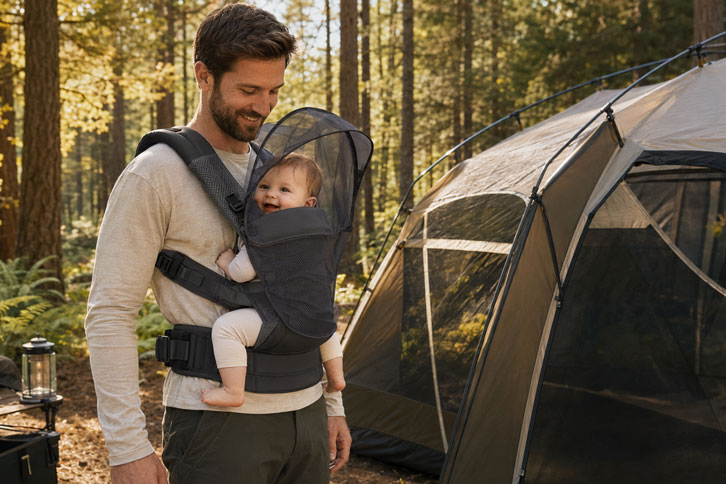 baby in carrier with bug netting at family campsite - camping with baby checklist
search_volume: 500