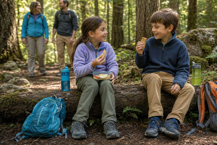 kids snack break during family hike