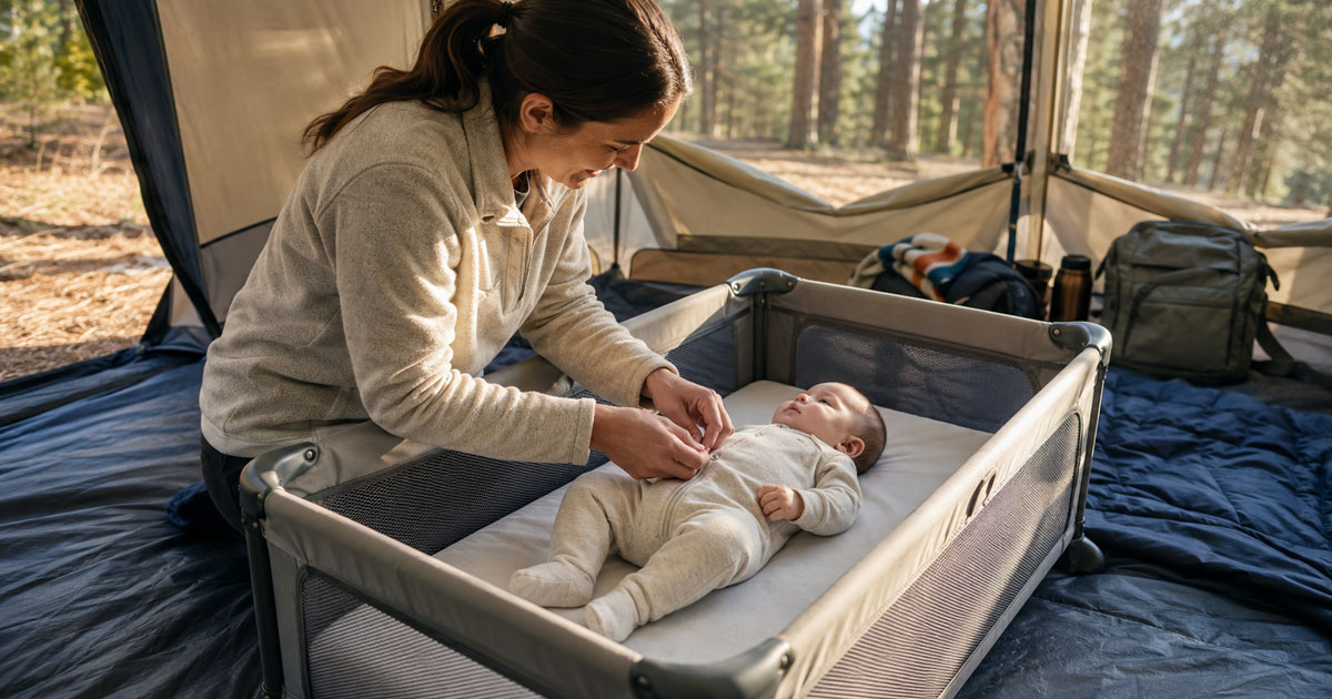 baby sleeping in travel bassinet while camping