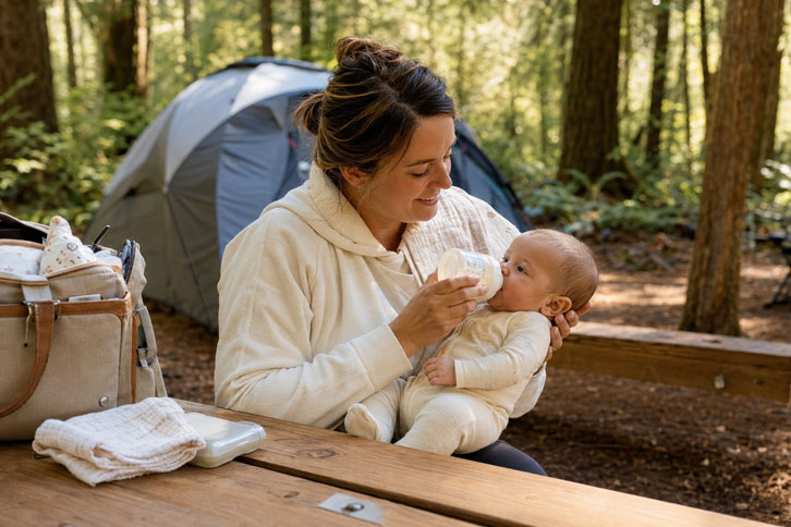 feeding baby at campsite during family camping trip