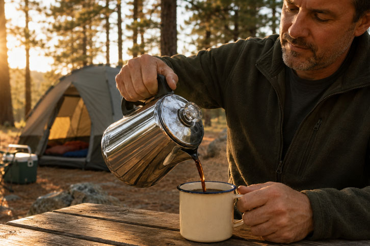 parent pouring percolator coffee into a camp mug at a family campsite at sunrise