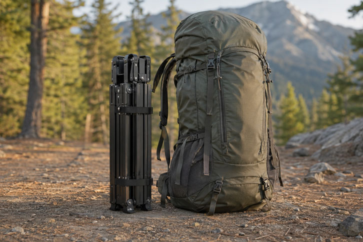 Rock Cloud portable camping table folded down small next to a hiking backpack - Best Camping Tables for Family Meals Outdoors in 2026