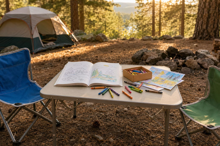 small camping table set up at kid height with coloring supplies