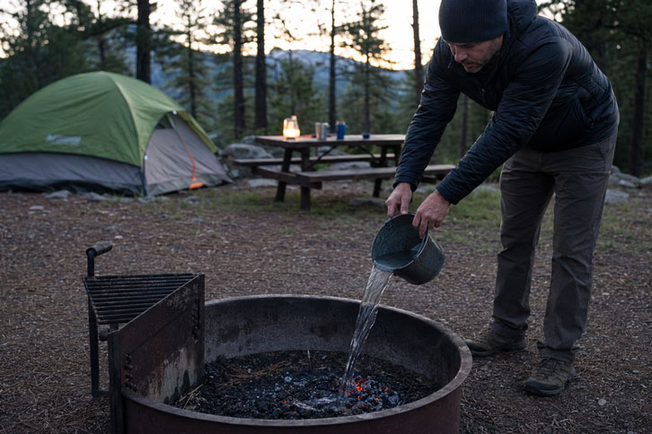 extinguishing campfire coals safely with water