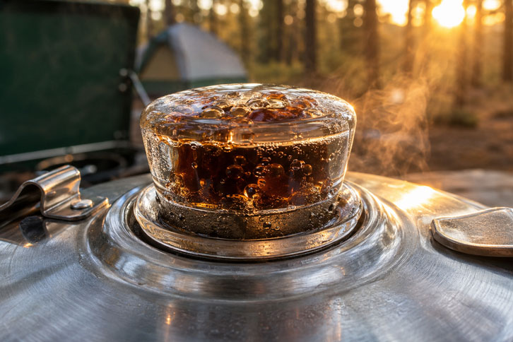 coffee bubbling through the glass knob on a camping percolator lid