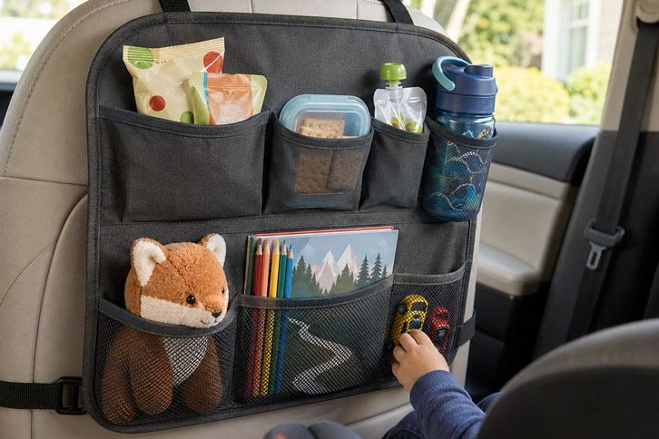 back seat organizer with kids snacks and toys for road trip - car camping setup