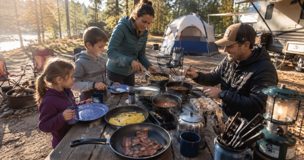 family camping cookware set laid out at a campsite