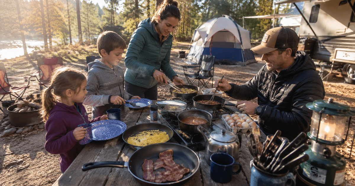 family camping cookware set laid out at a campsite