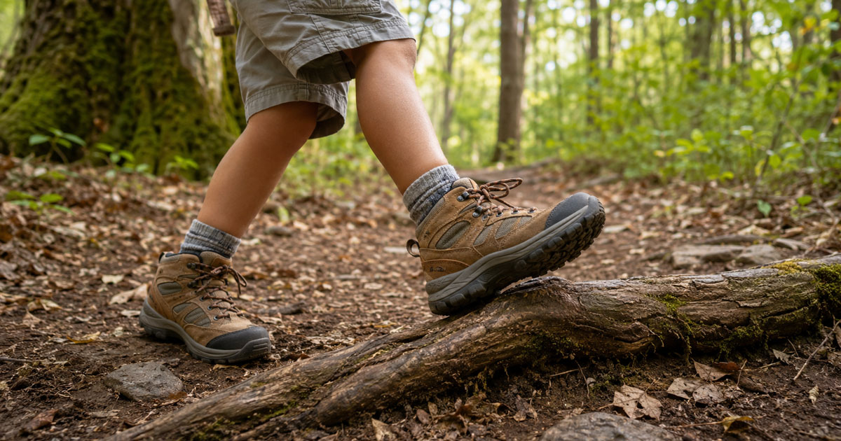 kid wearing hiking boots on a family trail hike