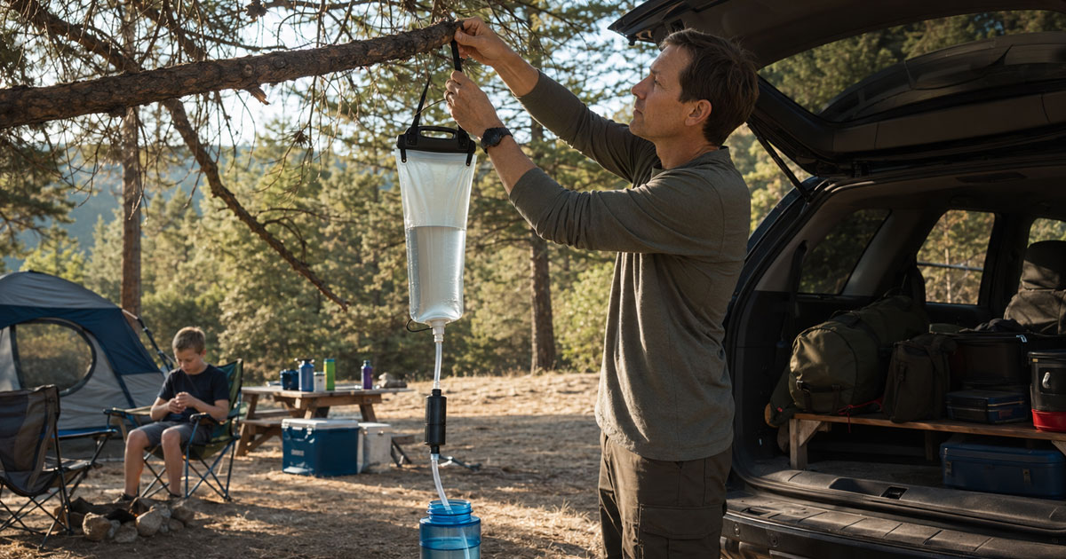 family camping water filter hanging gravity system at campsite