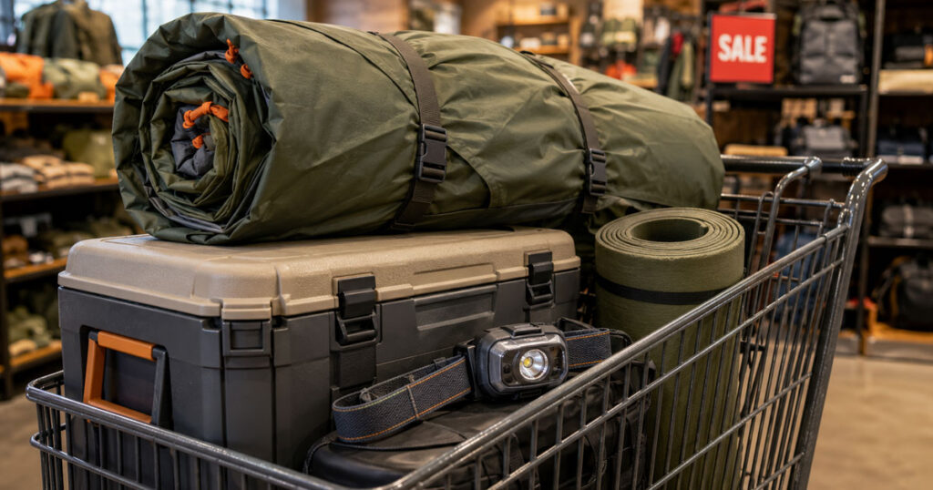 family camping gear ready for Black Friday shopping