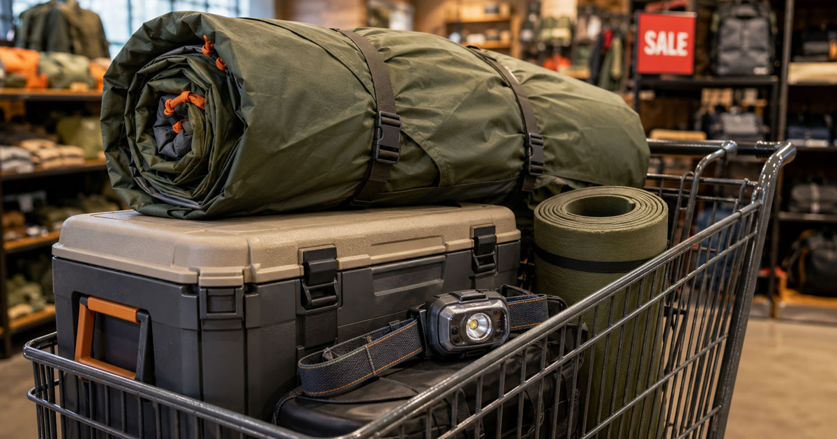 family camping gear ready for Black Friday shopping