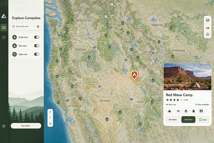 camping app showing free campsite locations on a map