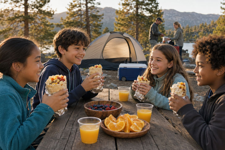 family eating breakfast burritos camping