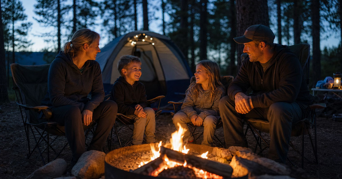family playing campfire games together at dusk