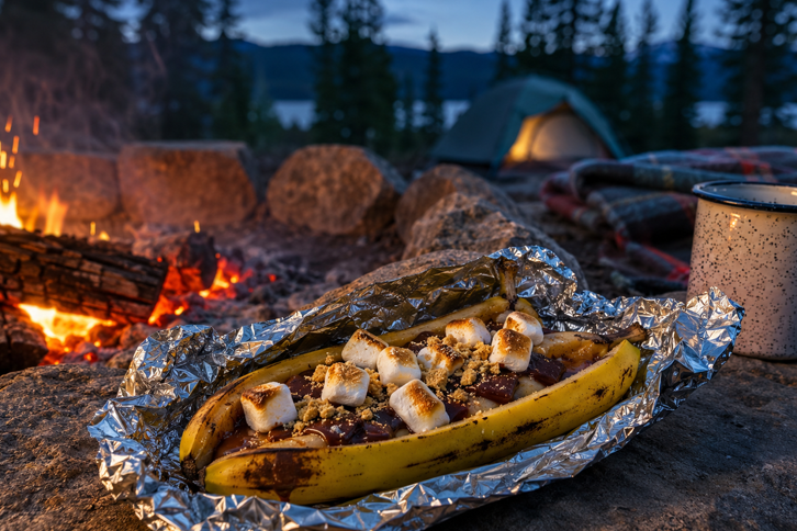 easy camping meals family - banana boat camping dessert over campfire coals