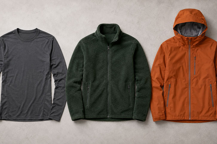 What to Wear Camping: A Family Layering Guide - three-layer camping clothing system laid out