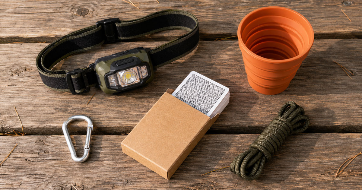 budget camping gear under $25 flat lay for family camping