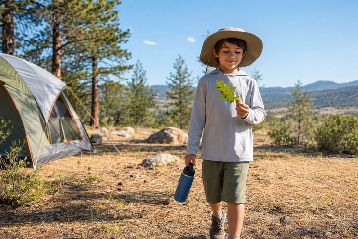 kid wearing sun protective clothing at a hot summer campsite