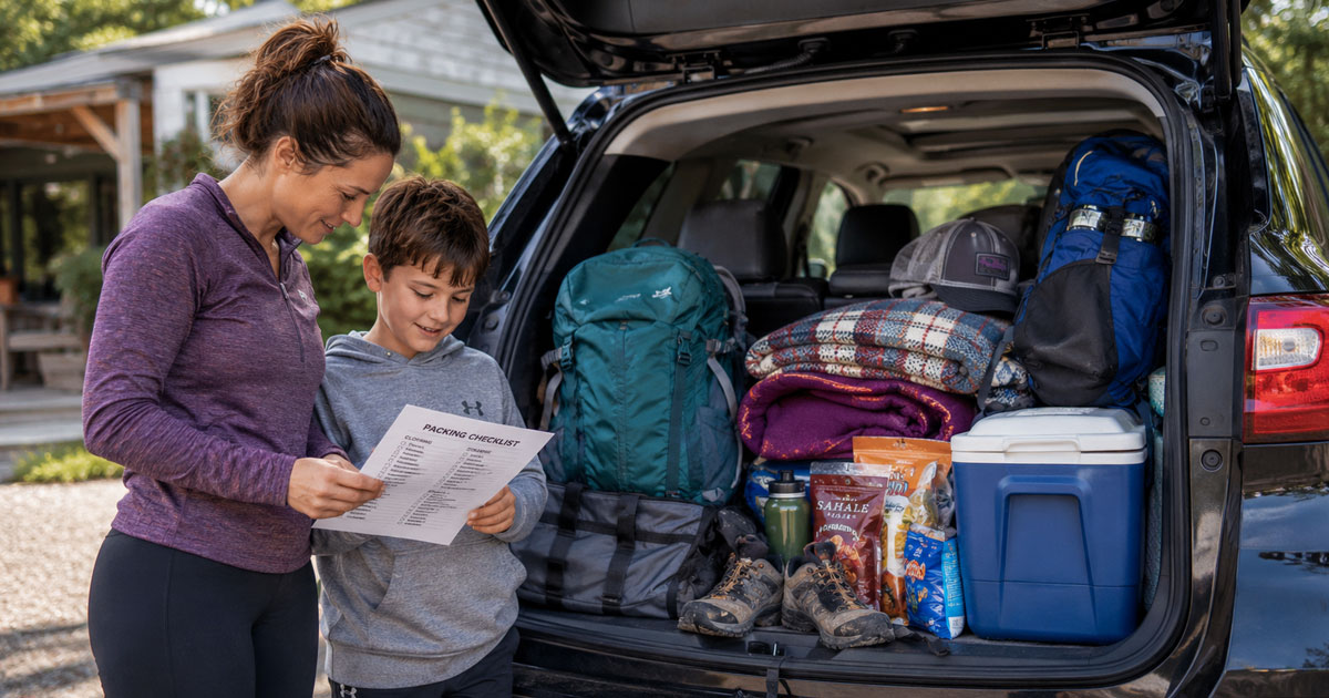 family checking camping packing list before first trip