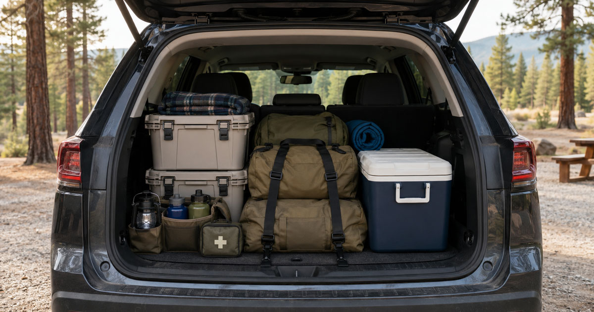 organized car trunk packed for family camping trip