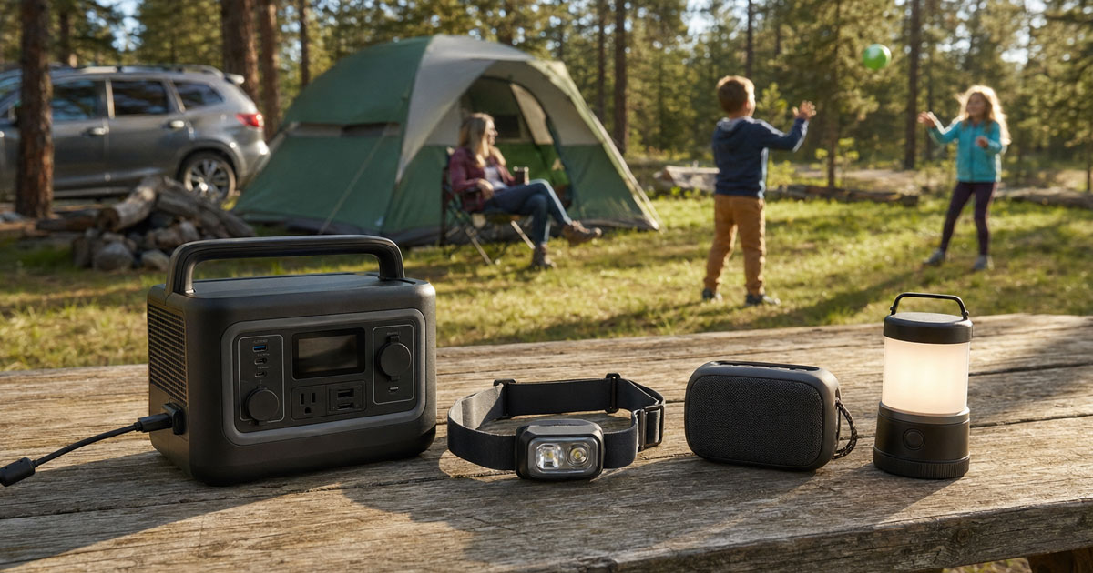 family campsite table with camping gadgets laid out