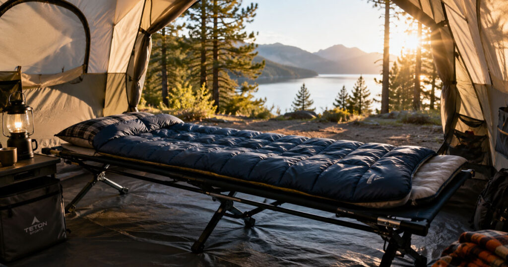 camping cot set up inside family tent