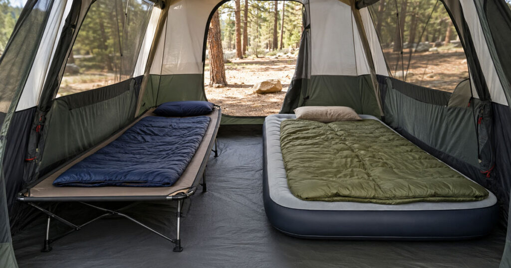 camping cot and air mattress side by side inside a family tent