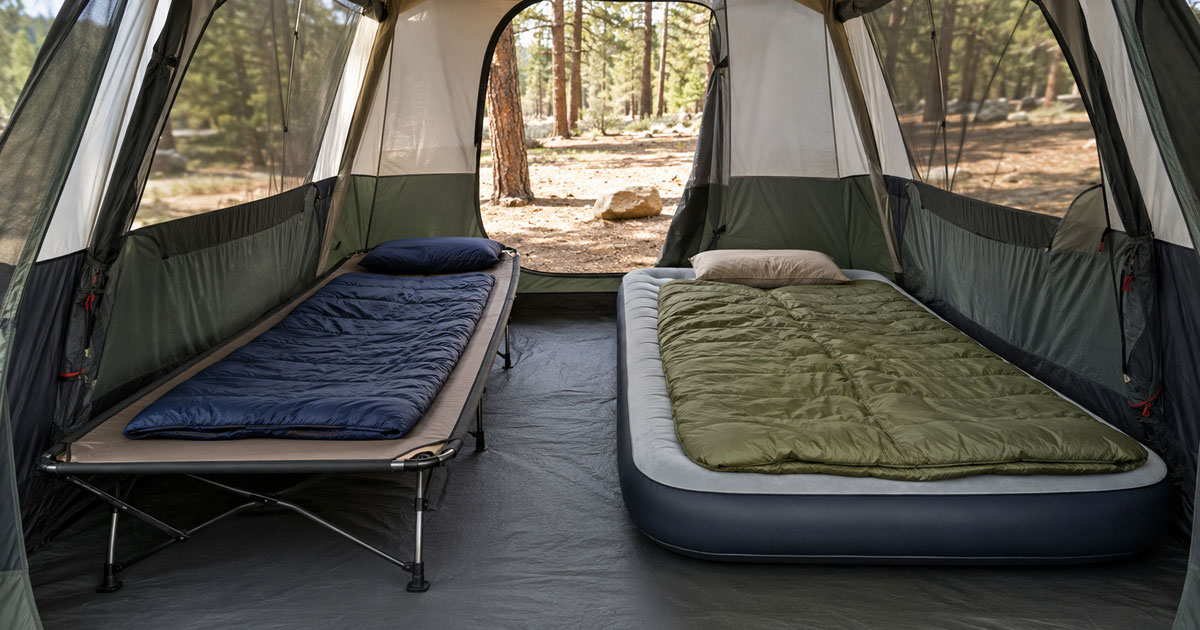 camping cot and air mattress side by side inside a family tent