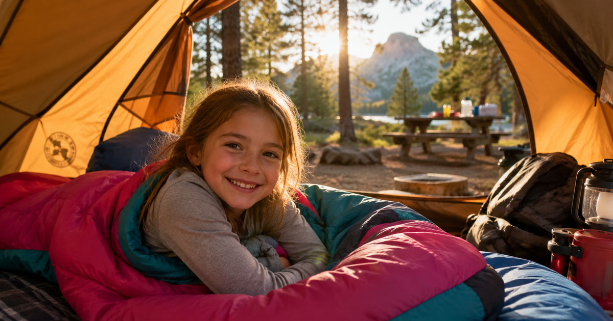 child in kids sleeping bag inside family camping tent
