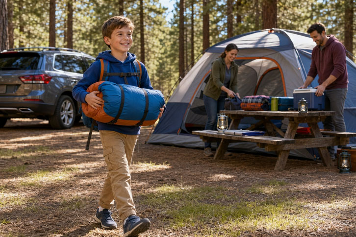 kid with camping gear sized for children - black friday camping deals