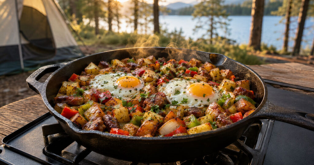 campfire breakfast hash in cast iron skillet camping