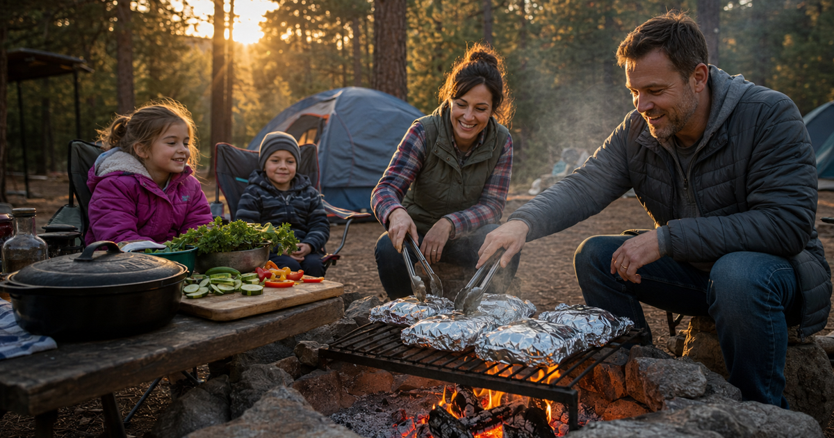 family cooking foil packet camping dinner over campfire