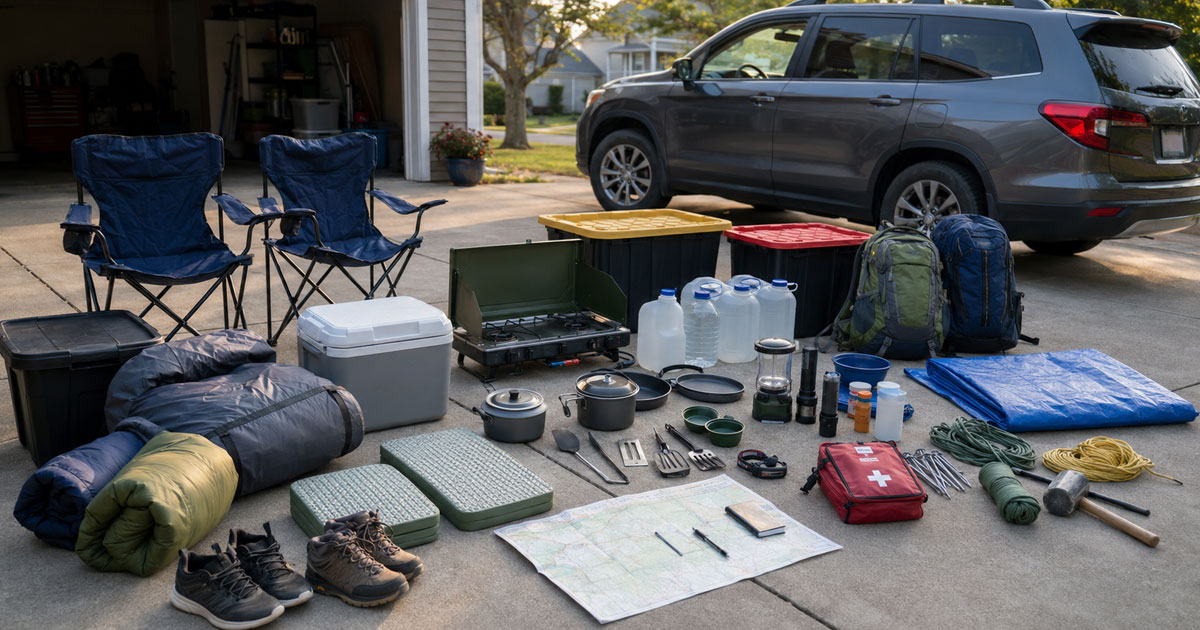 budget family camping gear setup laid out including tent, sleeping bags, cooler, and chairs