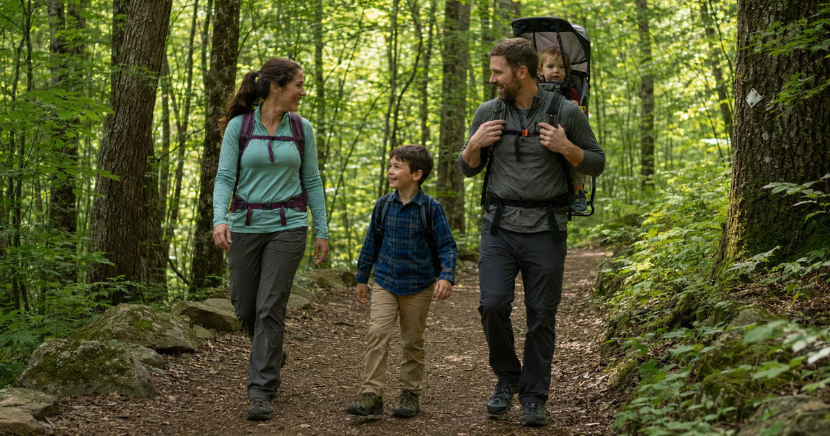 family hiking with kids on a shaded trail