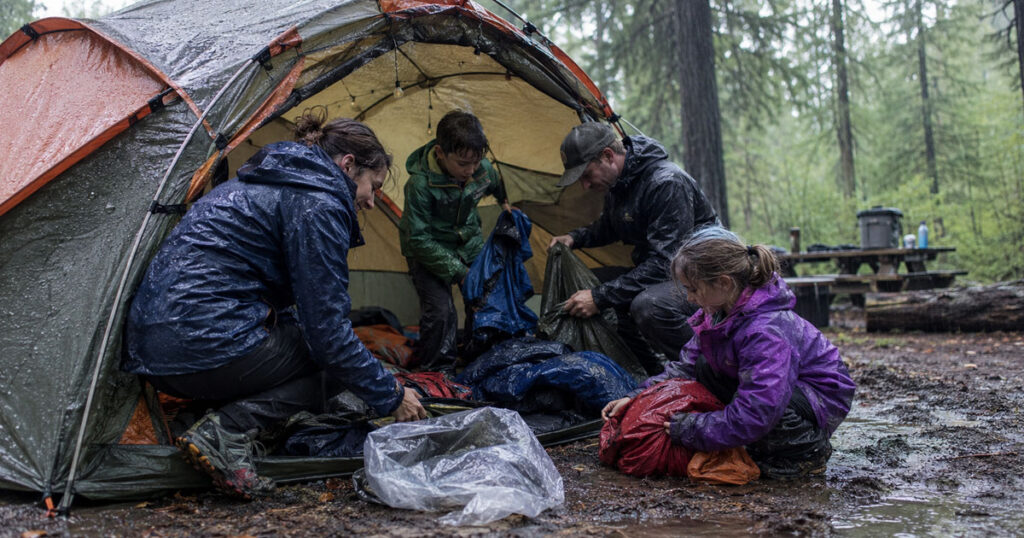 family loading gear into waterproof camping tent vestibule in rain