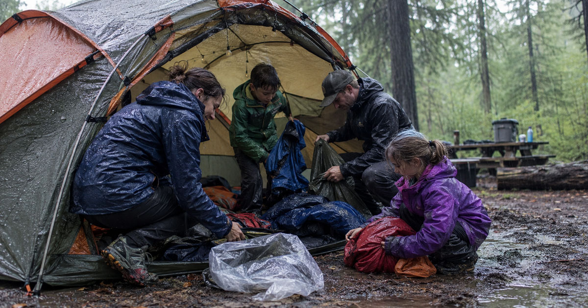 family loading gear into waterproof camping tent vestibule in rain