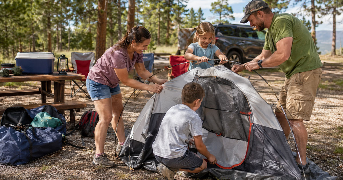 beginner family setting up easy camping tent