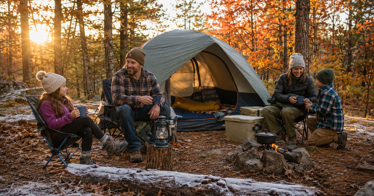 family tent for cold weather camping in fall