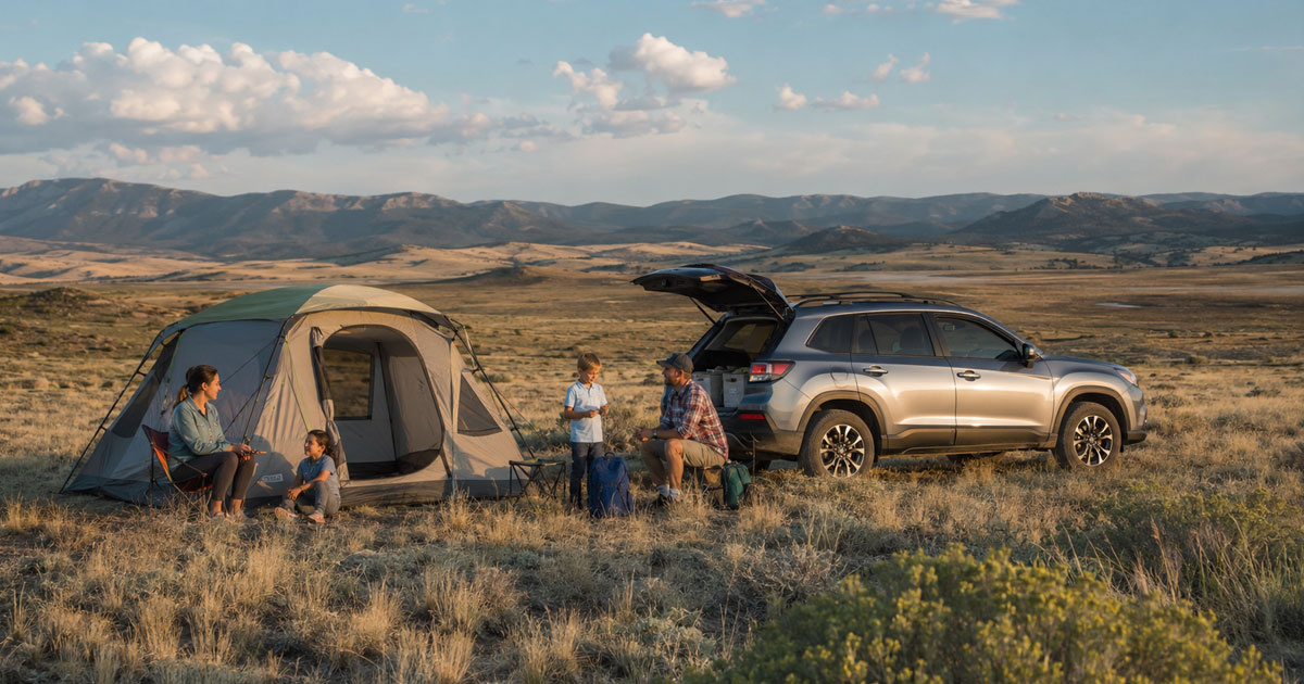 family tent set up at a free dispersed camping site on public land