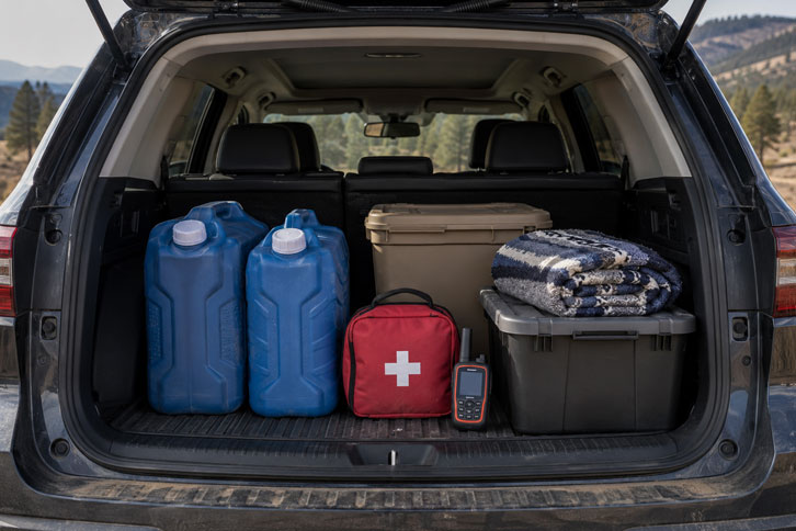 packed car trunk with water containers and safety gear for dispersed camping - How to Find Free Camping Spots in the US (Legal & Safe)