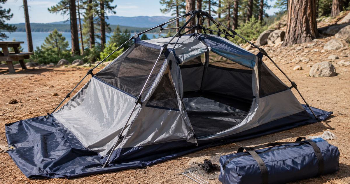 instant tent setup with pre-attached poles unfolding
