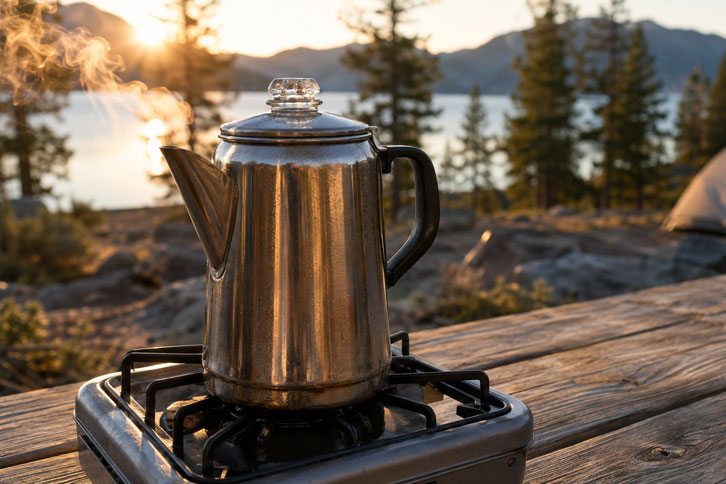 camping percolator brewing coffee at campsite