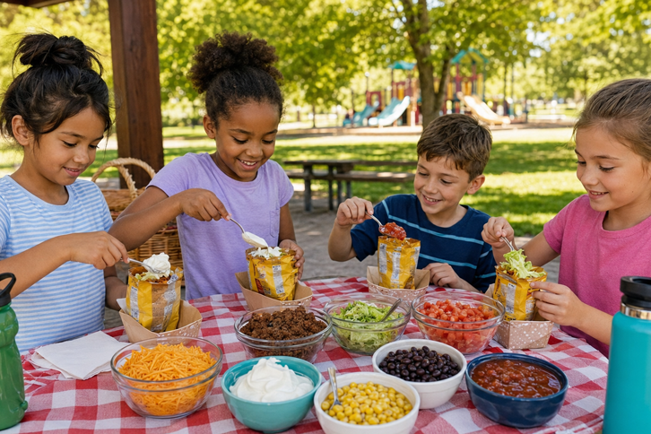 25 Easy Camping Meals Your Whole Family Will Love - kids making walking tacos at family campsite