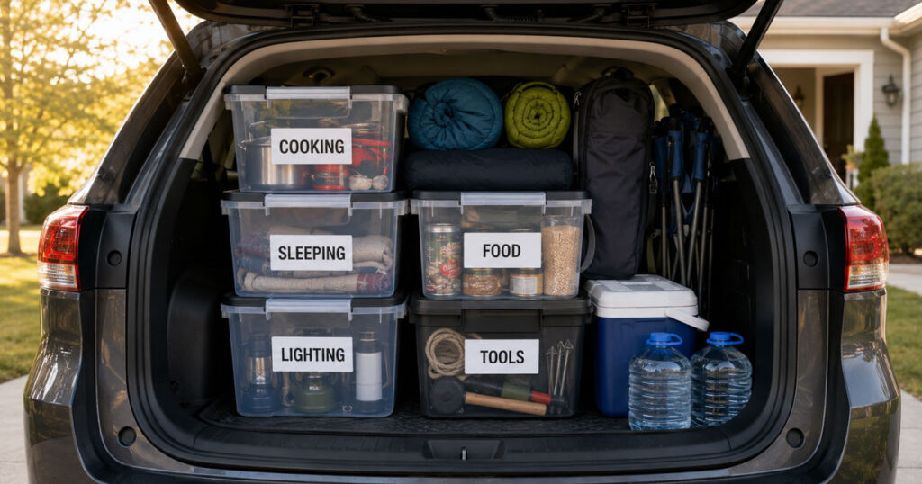 car camping checklist trunk organized with labeled bins