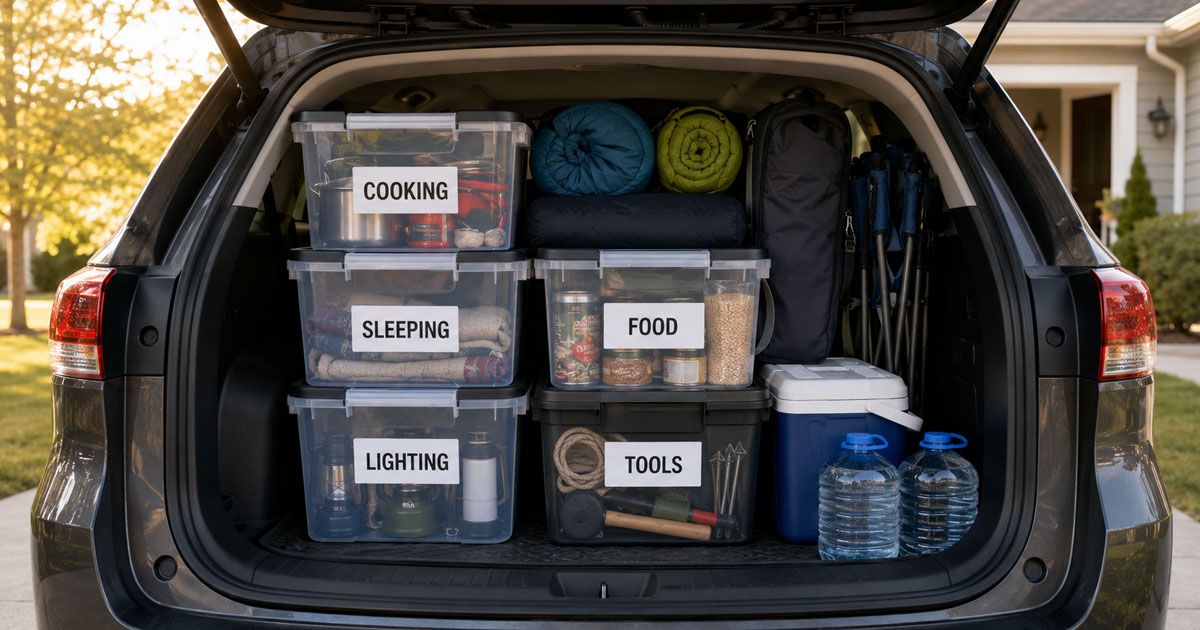 car camping checklist trunk organized with labeled bins