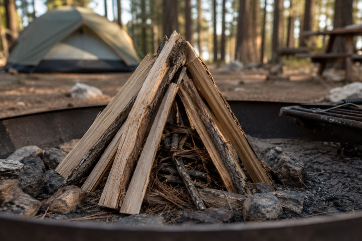 how to start a campfire - teepee method campfire structure with tinder and kindling