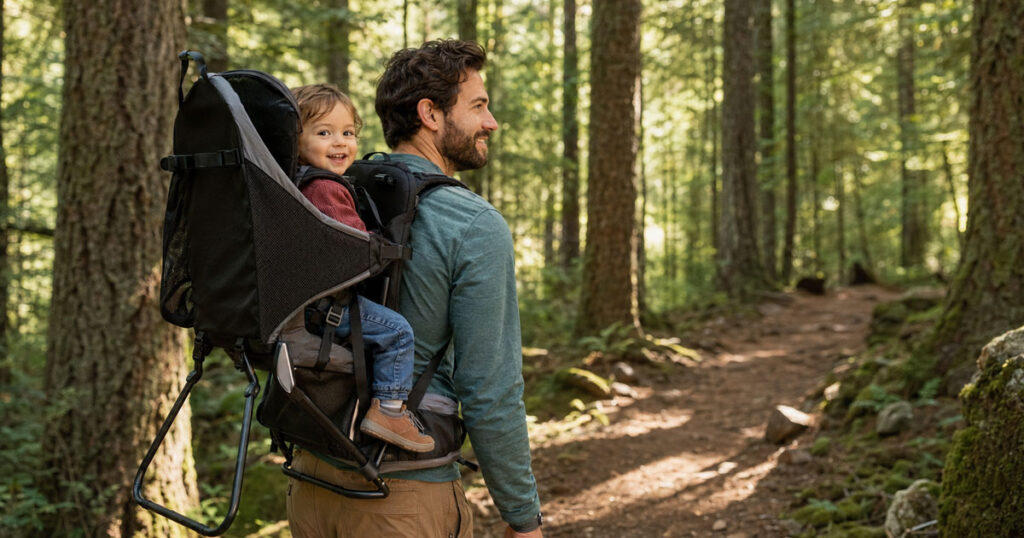 parent hiking with baby in a framed hiking carrier