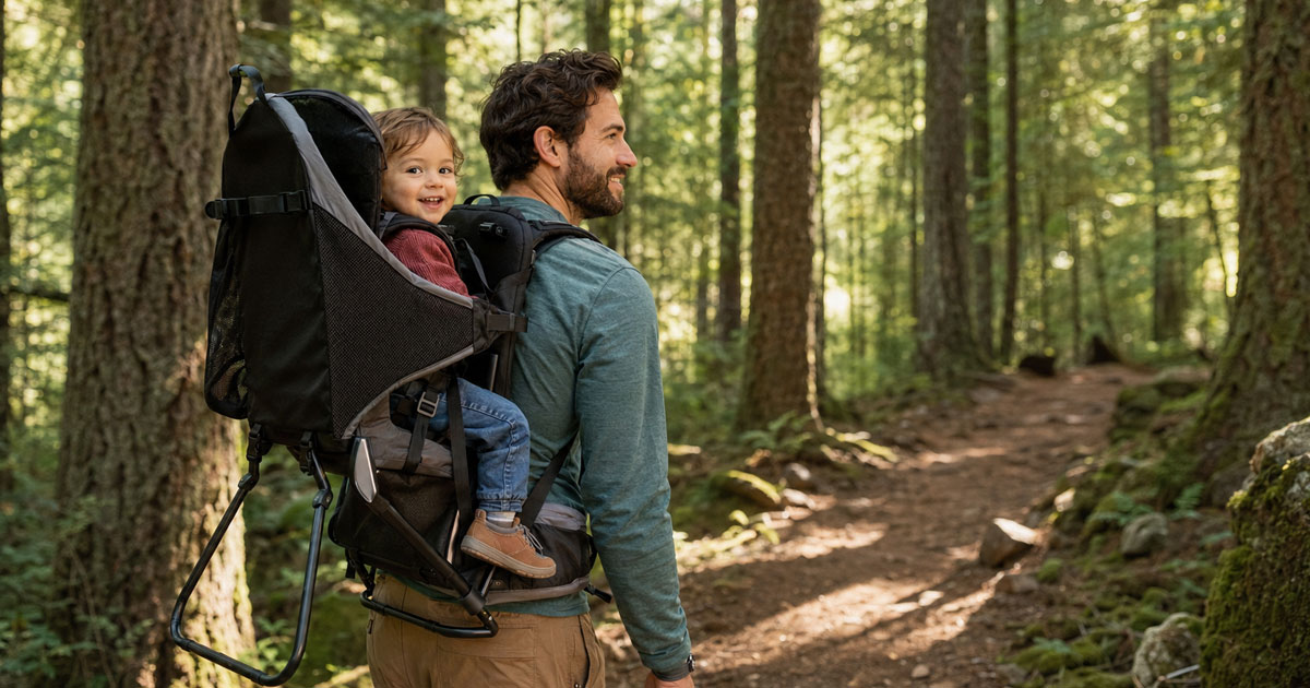 parent hiking with baby in a framed hiking carrier