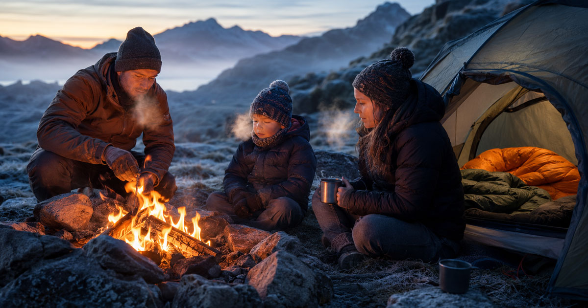 family staying warm camping in cold weather